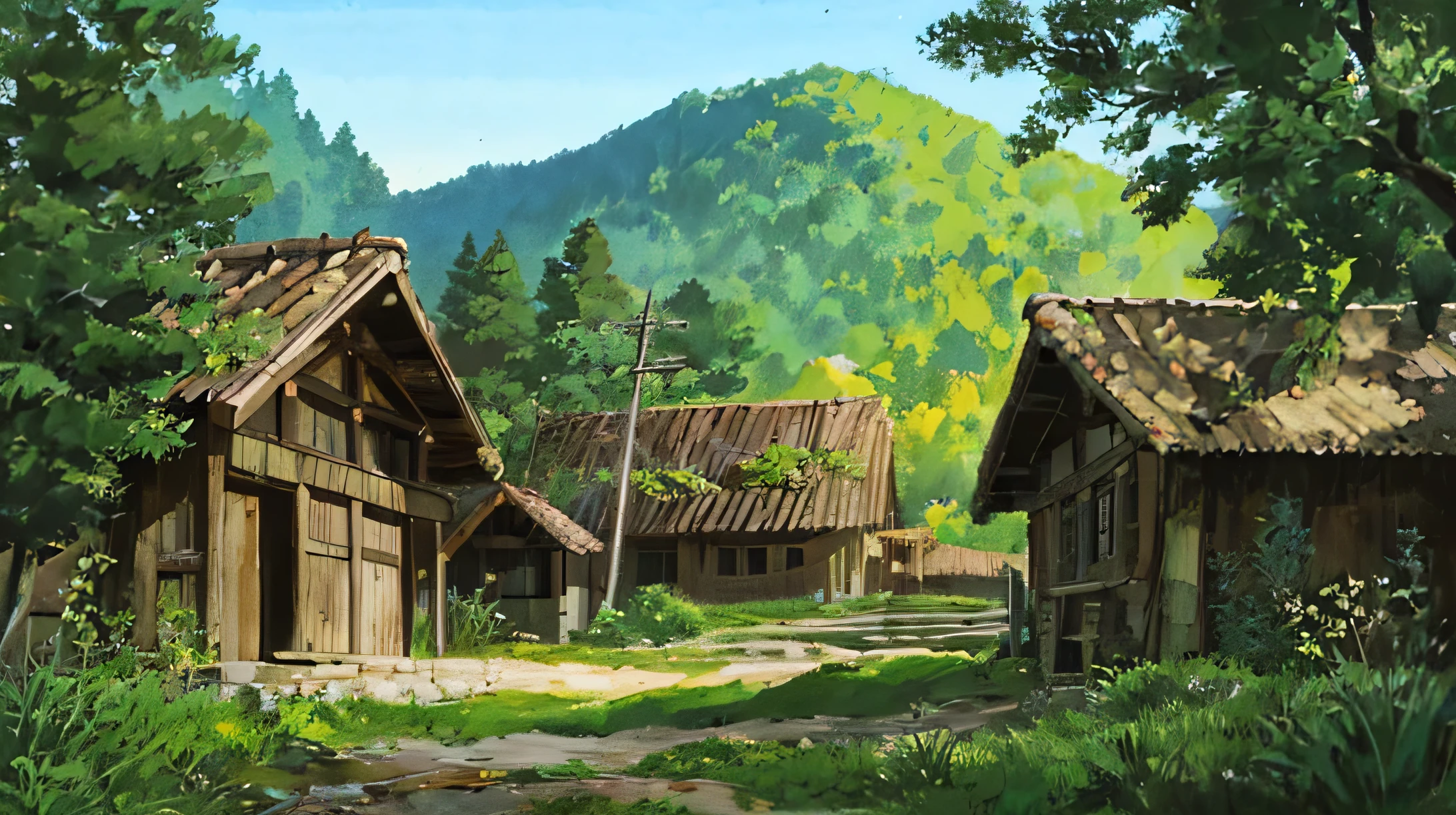 Nordic medieval village surrounded by lush forests, outdoor at golden hour Ghibli style village background, (Fujifilm 16K) ,hyperrealistic, intricate detail, Automatic level, dark, Modernism, dramatic, desaturated, (expansive), intricate