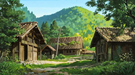 pueblo medieval nordico rodeado de bosques frondosos, al aire libre en la hora dorada Fondo Pueblo estilo Ghibli, (Fujifilm 16K)...