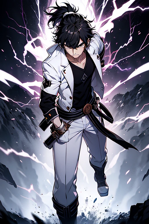 1boy, masterpiece, black hair, black and white suit, full body, holding a sword, electricity around the sword, best quality, high res, handsome, angry, short ponytail, anime, perfect anatomy, one hand on waist, beautiful face, beautiful hair,