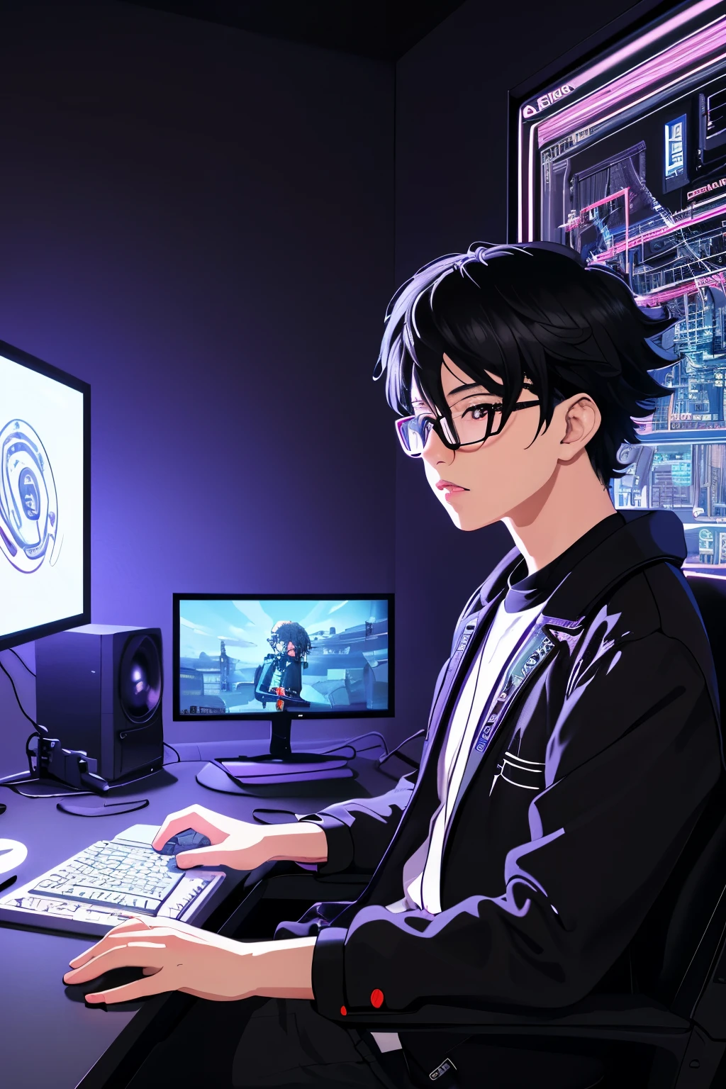 Anime guy sitting at a desk with a computer and keyboard - SeaArt AI