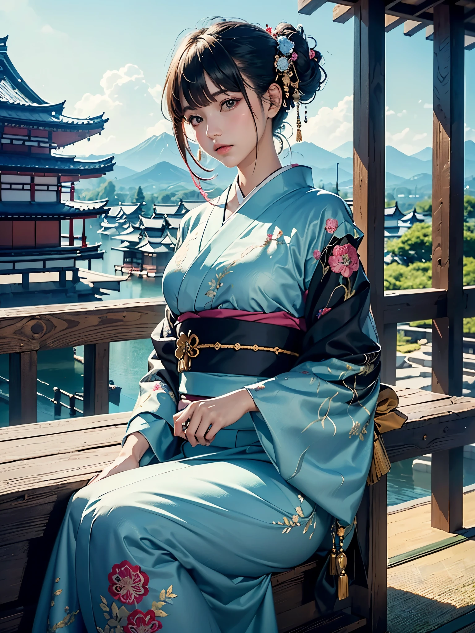 (шедевр, высшее качество, Лучшее качество, официальное искусство, красиво и эстетично:1.2), (1 девушка),тщательно продуманный костюм(Роскошное японское кимоно.(красочное кимоно(детальная вышивка))), чрезвычайно подробный,(фрактальное искусство),красочный,максимально подробный,Западный замок днем на заднем плане,пить чай ,