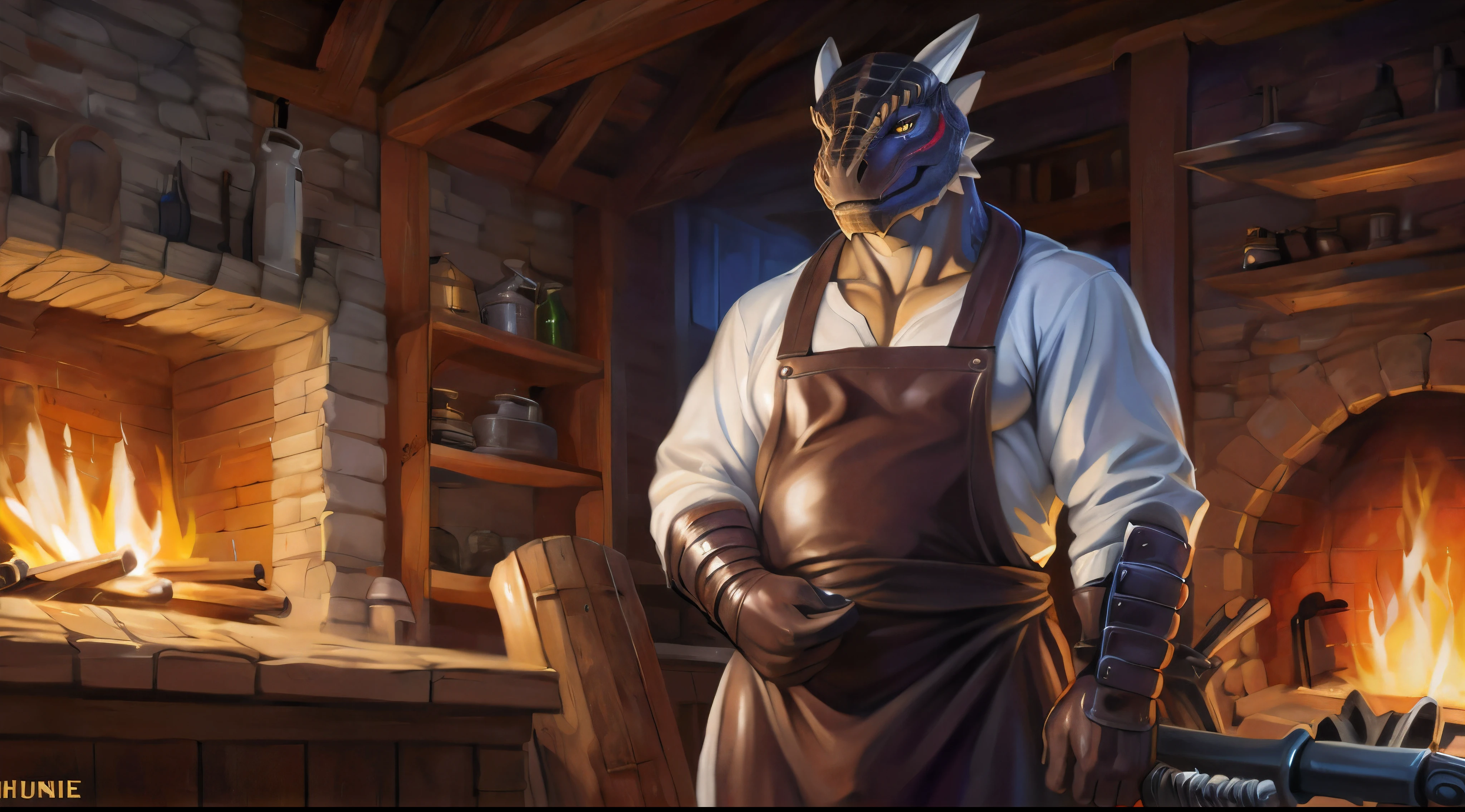 (kemono, by chunie, by narse, by dagasi, by syuro), male, 1boy, argonian, black scales, shine eyes, handsome face, blacksmith, day, dim, detailed eyes, fat, musclegut, detailed clothing, ((dark brown leather blacksmith's apron)), sweat, musk, (old, dad, daddy, old man, 50-year-old middle-aged man, an old argonian blacksmith who forges a weapon), tall, huge bulge, ((sweat)), ((musk)), pecs, detailed nipple piercings, masterpiecedetailed body, detailed scales, (detailed eyes), (detailed hands), Highest Quality, 4k, masterpiece, Amazing Details, Shallow Depth of Field, (masutepiece, Best Quality, Clear image quality, hight resolution,４K image quality), background: a forge, a smithy, fire, charcoal, anvil, weapons rack, armors rack,