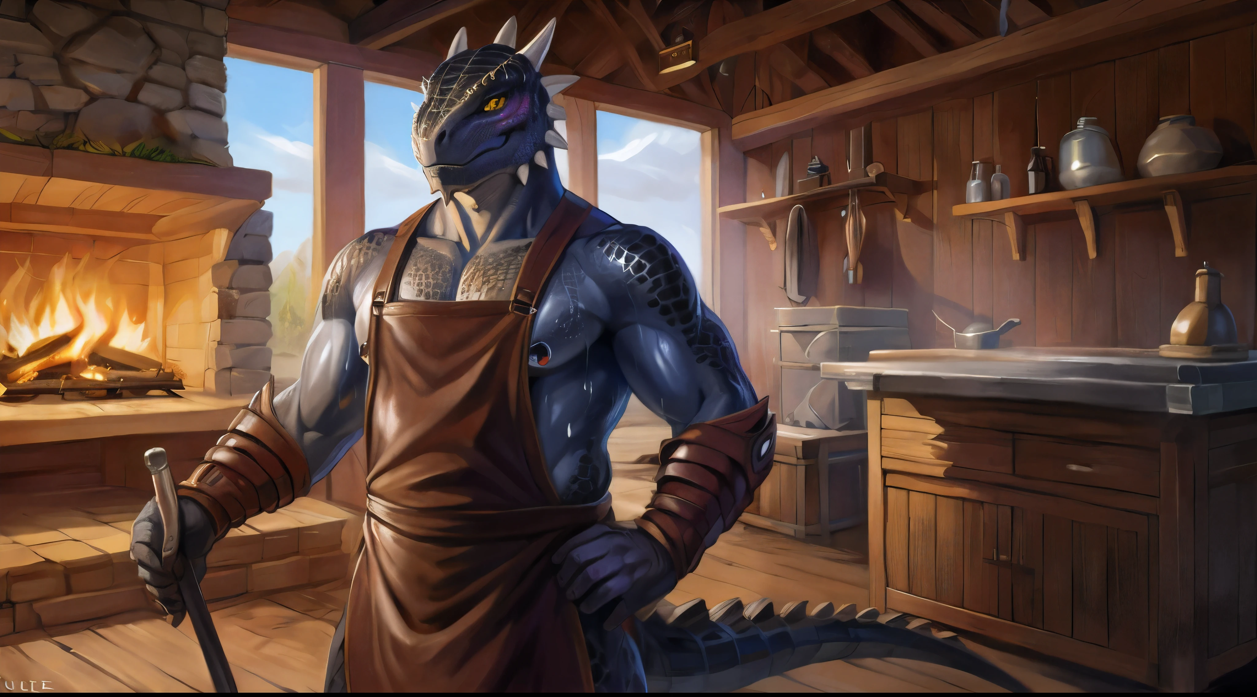 (kemono, by chunie, by narse, by dagasi, by syuro), male, 1boy, argonian, black scales, shine eyes, handsome face, blacksmith, day, dim, detailed eyes, fat, musclegut, detailed clothing, ((dark brown leather blacksmith's apron)), sweat, musk, (old, dad, daddy, old man, 50-year-old middle-aged man, an old argonian blacksmith who forges a weapon), tall, huge bulge, ((sweat)), ((musk)), pecs, detailed nipple piercings, masterpiecedetailed body, detailed scales, (detailed eyes), (detailed hands), Highest Quality, 4k, masterpiece, Amazing Details, Shallow Depth of Field, (masutepiece, Best Quality, Clear image quality, hight resolution,４K image quality), background: a forge, a smithy, fire, charcoal, anvil, weapons rack, armors rack, topless