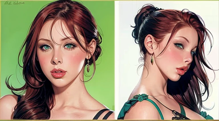 Gianna Michaels, Female original character reference sheet adoptable, redhead, green eyes,