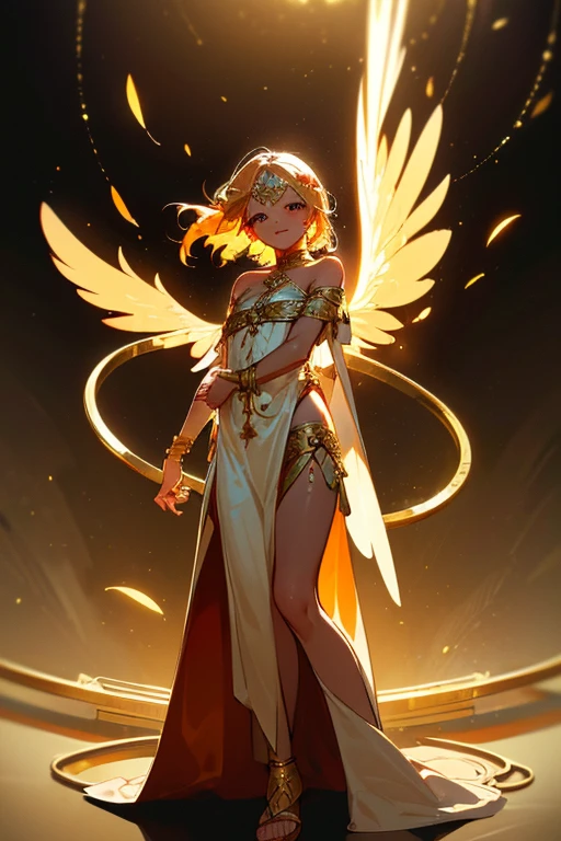 (Masterpiece: 1.5, Best quality, High resolution: 1.3, Super resolution, Super detailed, Ultra detailed: 1.3, Rich background: 1.2, 1 girl)) tanned skin + blonde hair with reddish tips + golden eyes + long lower eyelashes + short messy hair + small bangs + medium chest + wings of fire on her back (greece inspired outfit, ancient greece inspired dress, long intricate and detailed sandals, short, intricate jewelry, bracelets, light on the thigh) ((smile animated, pose rising from the ground, golden rings at his side, perspective, fire feathers scattered)) (colors used: gold, white, orange, red)