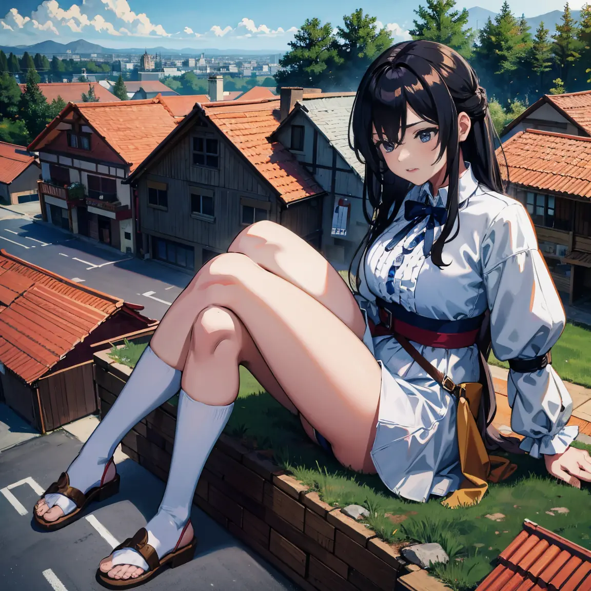 anime illustration of a giantess sitting on a medieval house in her underwear