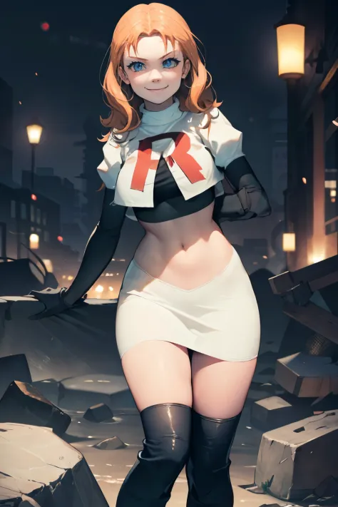 annette_war, long hair, team rocket,team rocket uniform, red letter R, white skirt,white crop top,black thigh-high boots, black elbow gloves , looking at viewer, evil smile