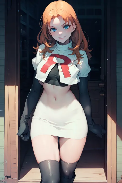 annette_war, long hair, team rocket,team rocket uniform, red letter R, white skirt,white crop top,black thigh-high boots, black elbow gloves , looking at viewer, evil smile