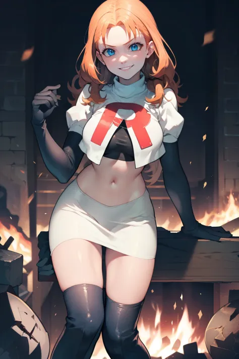 annette_war, long hair, team rocket,team rocket uniform, red letter R, white skirt,white crop top,black thigh-high boots, black elbow gloves , looking at viewer, evil smile