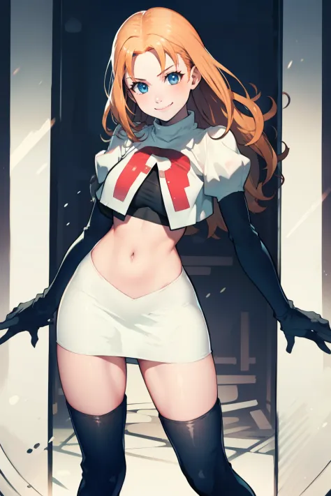 annette_war, long hair, team rocket,team rocket uniform, red letter R, white skirt,white crop top,black thigh-high boots, black elbow gloves , looking at viewer, playful smile