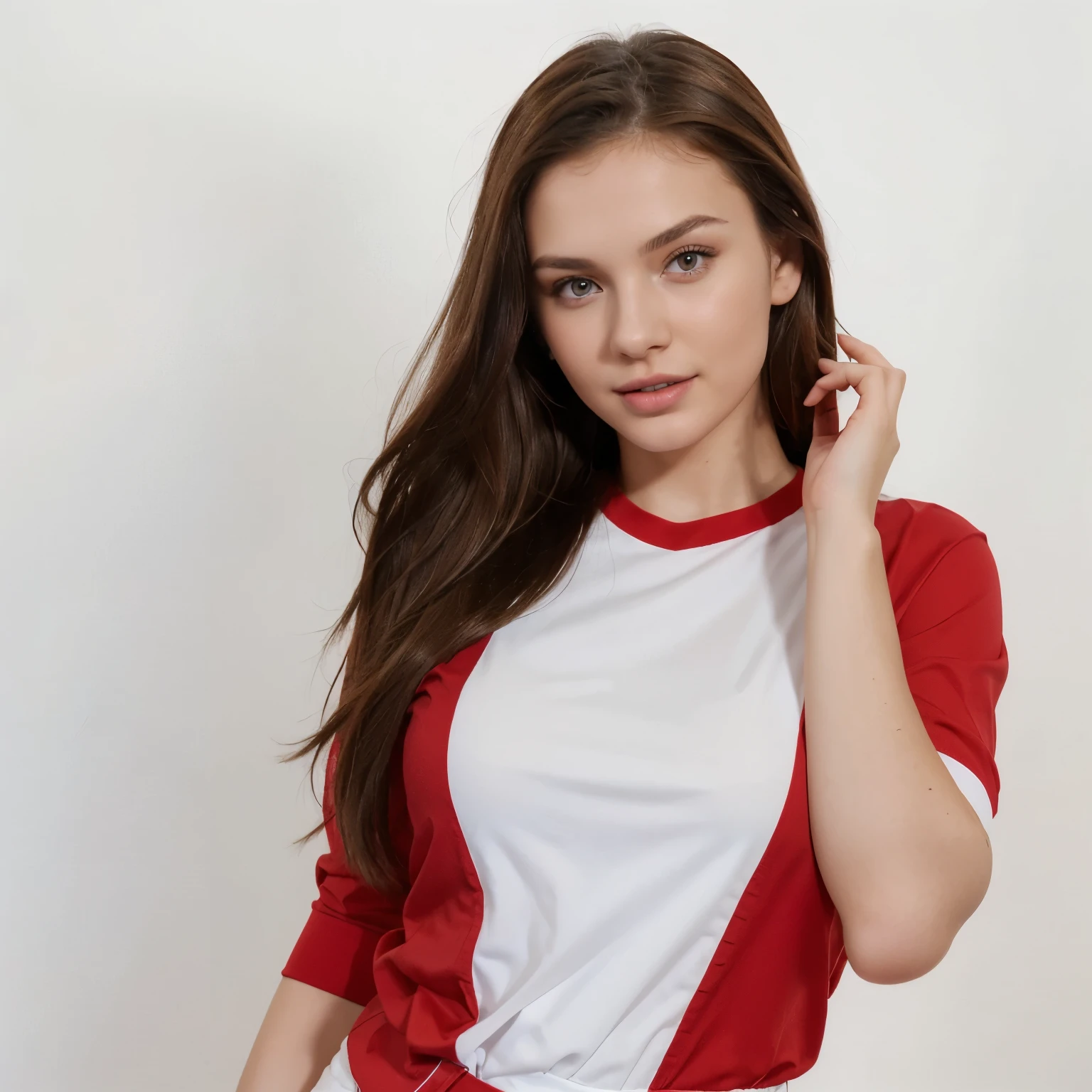 A woman in a red and white shirt posing for a picture - SeaArt AI