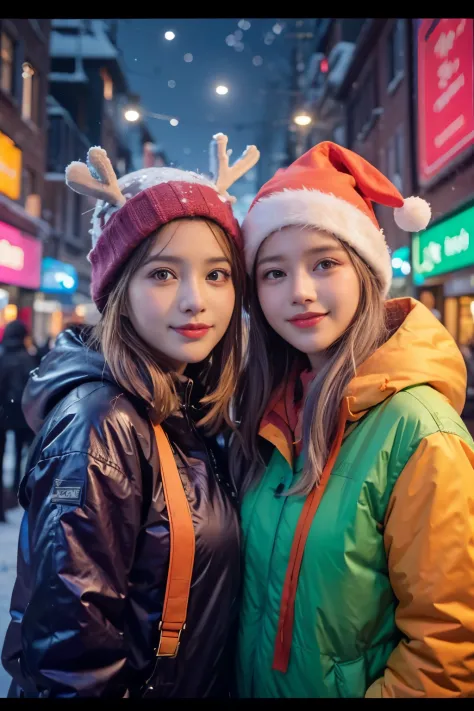 All faces must be different,super big eyes,two girls,detailed faces,beautiful eyes,open shoulders,dynamic pose,snowman,Chirstmas...