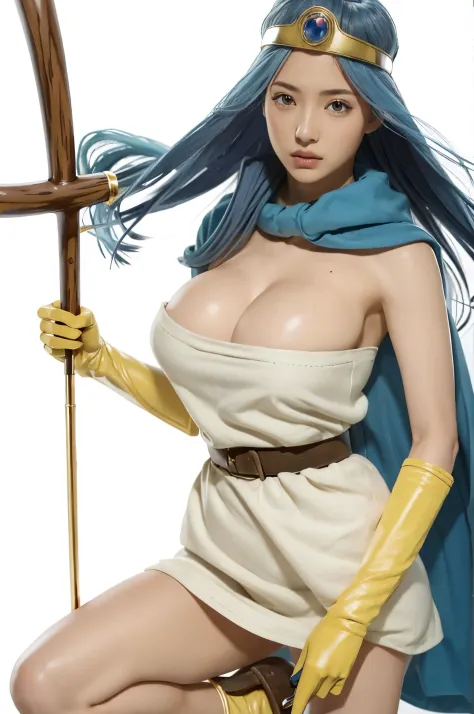 masutepiece, Best Quality, Ultra-detailed, Live-action adaptation, sage_(DQ3), 1girl in, (holding A staff, A staff:1.3), Solo, Long hair, Blue hair, circlet, Red Eyes, Large breasts, yellow gloves, White Dress, Belt bag, Cape, long boots, cleavage, Bare sh...