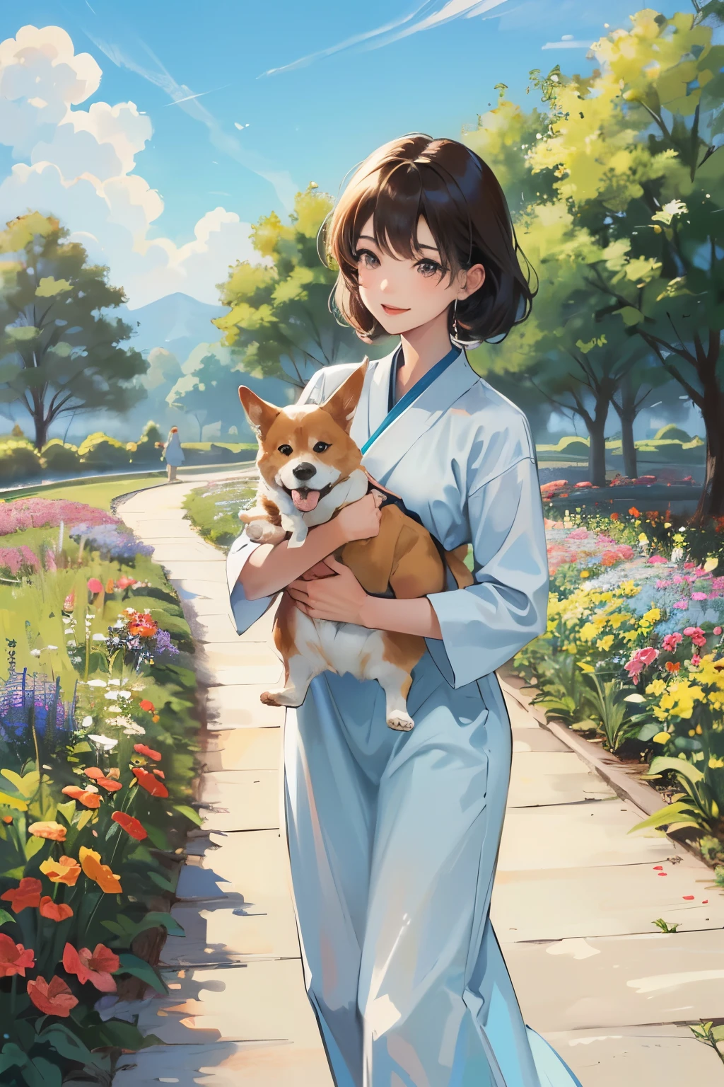 ((best quality)), ((masterpiece)), (detailed), a young asian girl looking happy and carrying a brown and white corgi puppy in a flower garden with blue skies