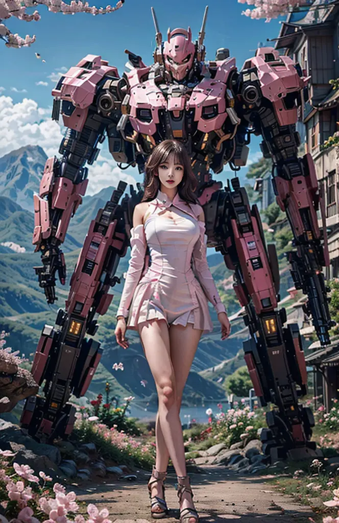 the mech warrior is stout and holding a huge weapon, and the mech beauty is holding a knife, cherry blossom pink