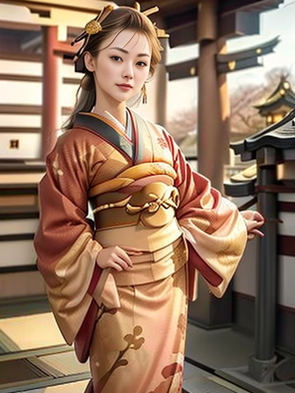 (((New Year's scenery of Japan))), (((SFW))), 8K, ((masutepiece)),(((top-quality))),((Ultra-detailed)),((((Realistic)))), Photorealsitic:1.37, (A hyper-realistic), (illustratio), (hight resolution), (ighly detailed), (The best illustrations), (Ultra-detailed細), (walls), (详细的脸), (Beautiful expression), ((詳細 top-qualityのスキン:1.2)), ((Reddish blush)), (Ultra-detailed細な背景, Detailed background), (Beautiful and aesthetic: 1.2), Extremely detailed, (((Japan woman in kimono:1.5))), ((Affectionate smile)), There is a woman standing with her bare skin wearing a kimono., (((Kimono with golden embroidery))), ((multicolored kimono)), ((Girl&#39;s hair roll-up hair ornament)), Kadomatsu, Komainu, Red torii gate, big company, customers who pray, gorgeous new year decorations, 金箔装飾されたbig company, At a shrine that shines in the morning sun