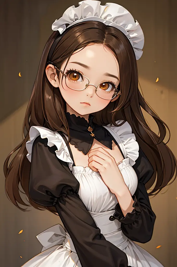 1girl, medium breast, medium-length brown hair, orange brown eyes, glasses, open forehead, black shirt, puffy sleeves, long slee...