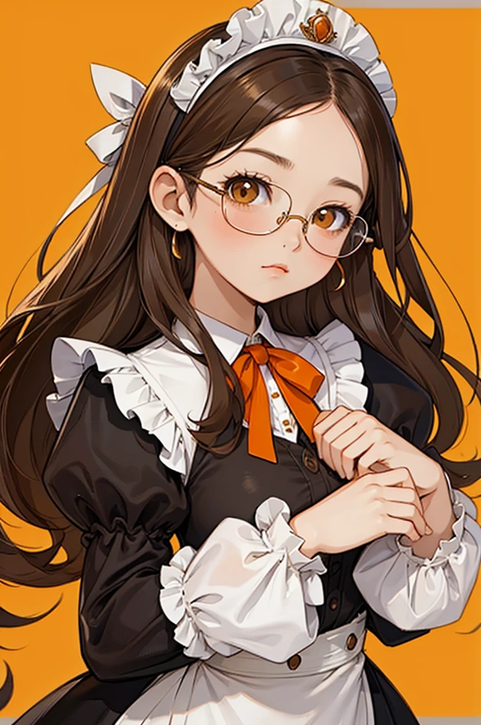 1girl, medium breast, medium-length brown hair, orange brown eyes, glasses, open forehead, black shirt, puffy sleeves, long sleeves, closed clothes, maid headdress, hands folded on the chest, disgust look