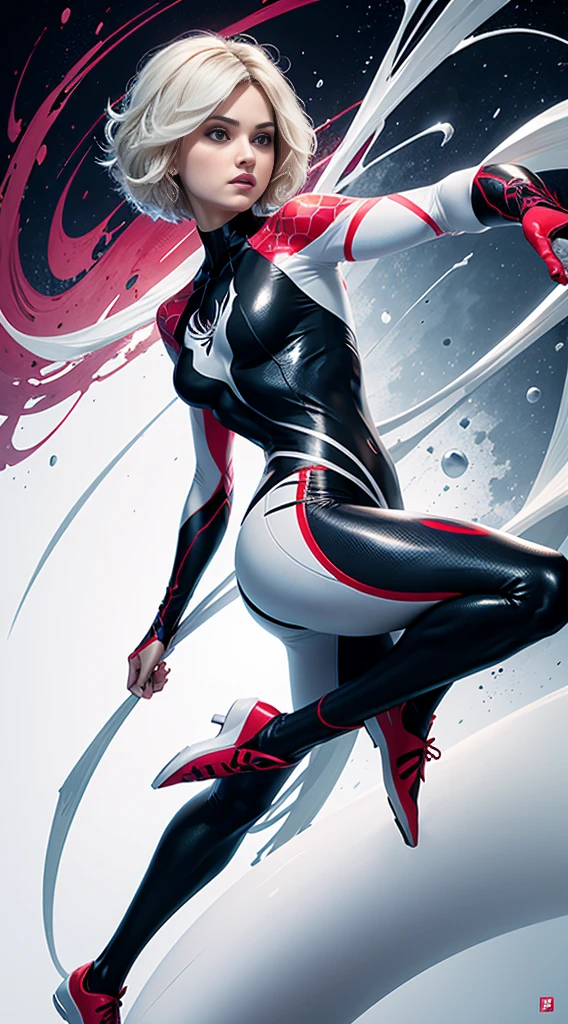 spider gwen, Hot, partial , hightquality, Dynamic Poses, Beautiful, Gorgeous, In love,Short suit, spider in a suit, white black red suit、Jenna Louise Coleman