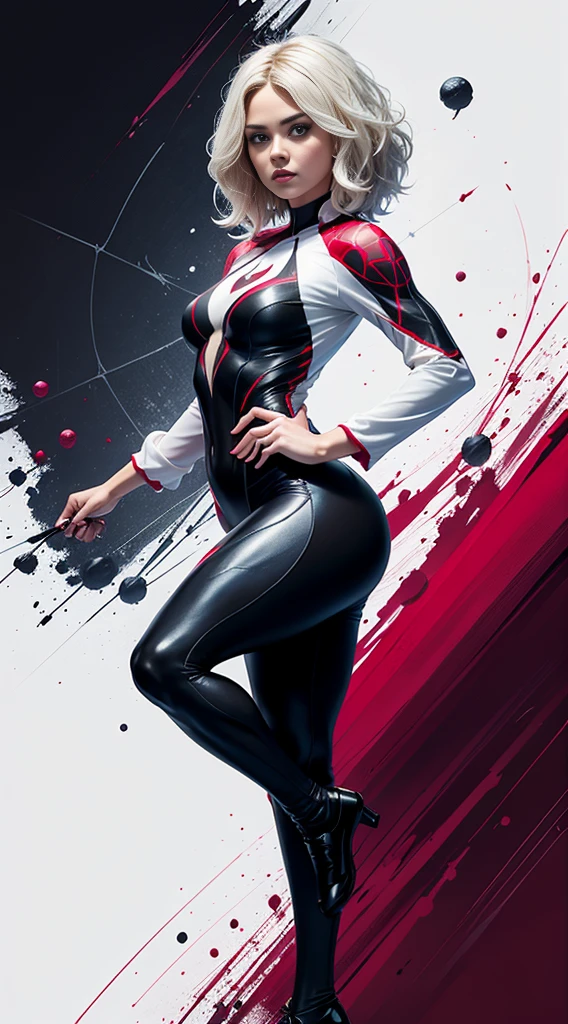 spider gwen, Hot, partial , hightquality, Dynamic Poses, Beautiful, Gorgeous, In love,Short suit, spider in a suit, white black red suit、Jenna Louise Coleman