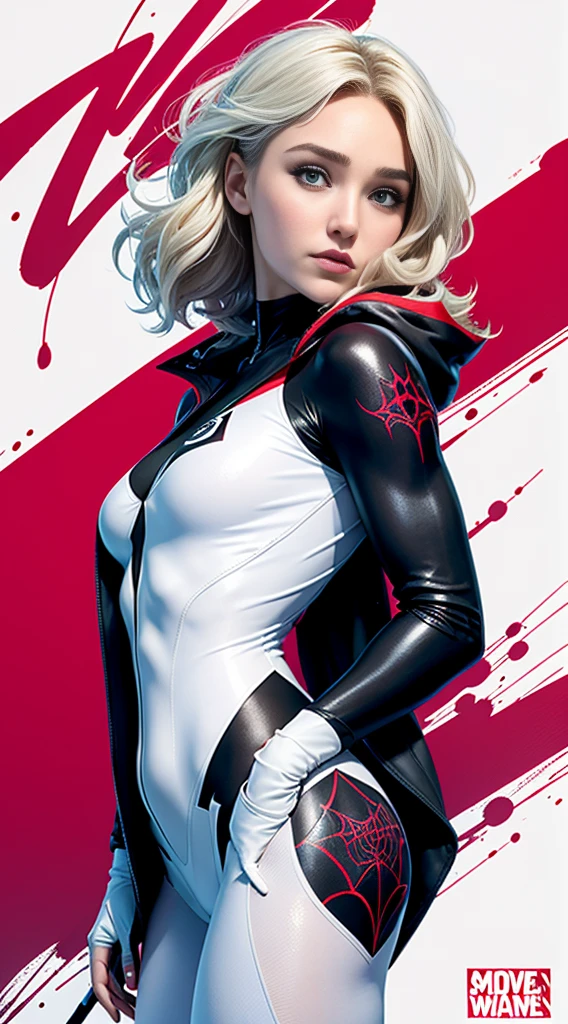 spider gwen, Hot, partial , hightquality, Dynamic Poses, Beautiful, Gorgeous, In love,Short suit, spider in a suit, white black red suit、Hayden Panettiere