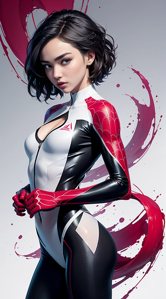 spider gwen, Hot, partial , hightquality, Dynamic Poses, Beautiful, Gorgeous, In love,Short suit, spider in a suit, white black red suit、Miranda Kerr