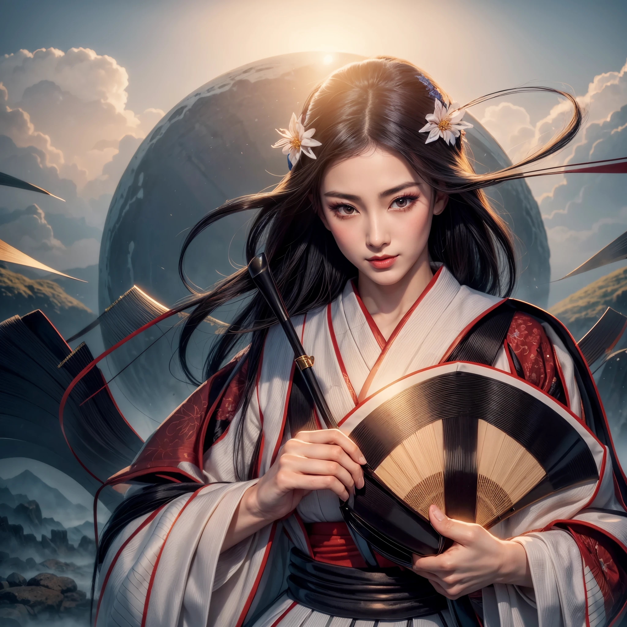 A geisha with flowing black hair, full lips, beautiful eyes, silky skin, large breasts, with flowers in her hair, wearing a beautiful white kimono, holding a fan and a wand, with a huge rising sun in the background, under mountains in a misty valley, hyperrealistic dawn beautiful geisha, photorealistic morning geisha, a beautiful sensual geisha of intricate details.