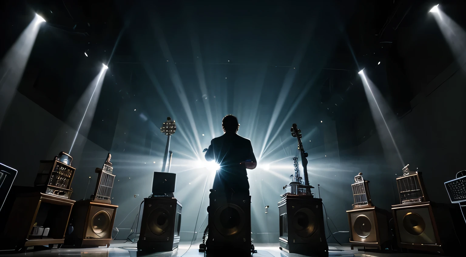 varios rayos de luz incidiendo sobre varios instrumentos musicales