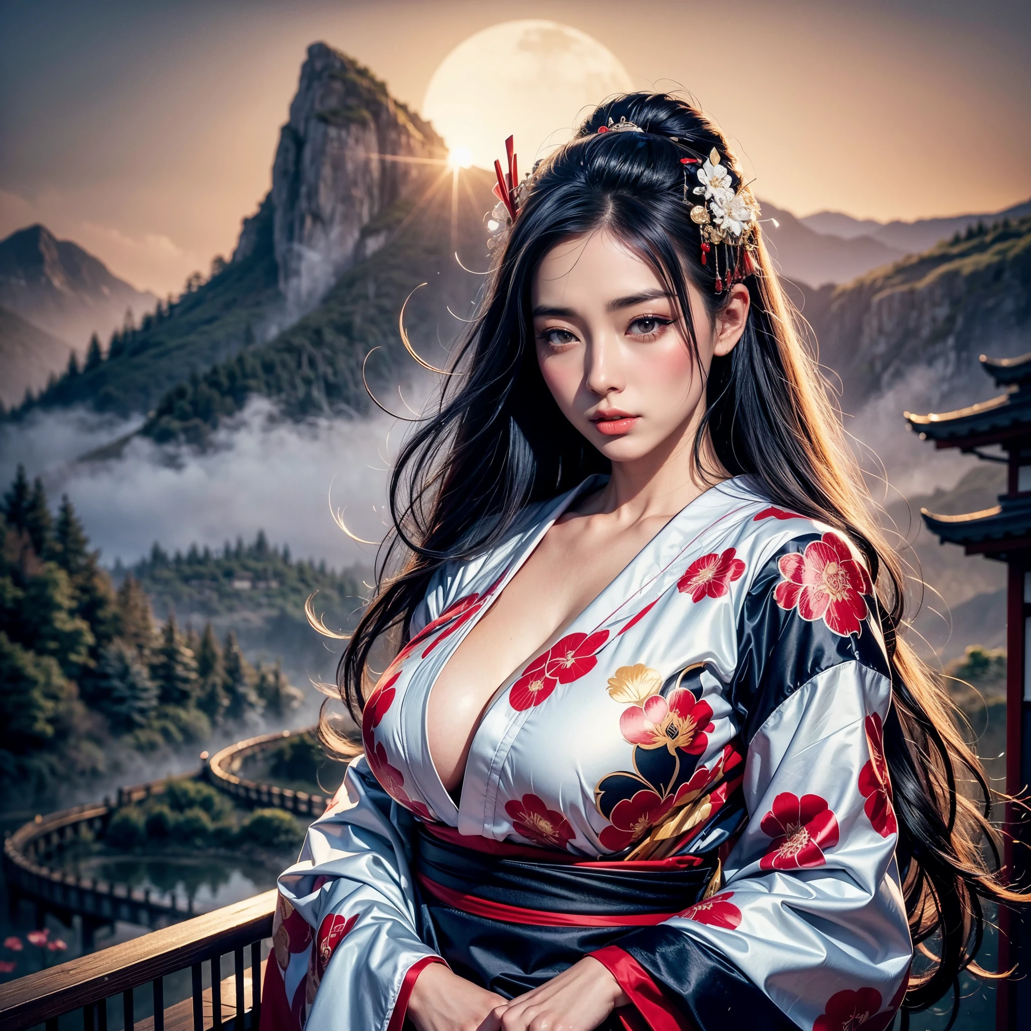 A geisha with flowing black hair, full lips, beautiful eyes, silky skin, large breasts, with flowers in her hair, wearing a beautiful white kimono, holding a fan and a wand, with a huge rising sun in the background, under mountains in a misty valley, hyperrealistic dawn beautiful geisha, photorealistic morning geisha, a beautiful sensual geisha of intricate details.