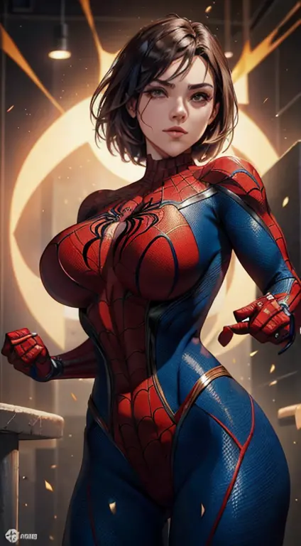 Foto de corpo inteiro, leve sorriso, a superhero dressed as Spider-Man, no mask on. a woman in a swimsuit-like Spider-Man costum...
