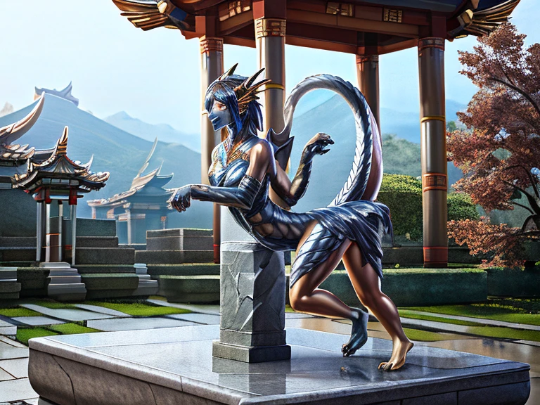 HD, photorealistic, half transformation, college girl stands on empty stone statue plinth outside of cursed eastern temple, human chinese dragon hybridization Petrification transformation, you panic as you morph into a Chinese dragon while your flesh turns to stone