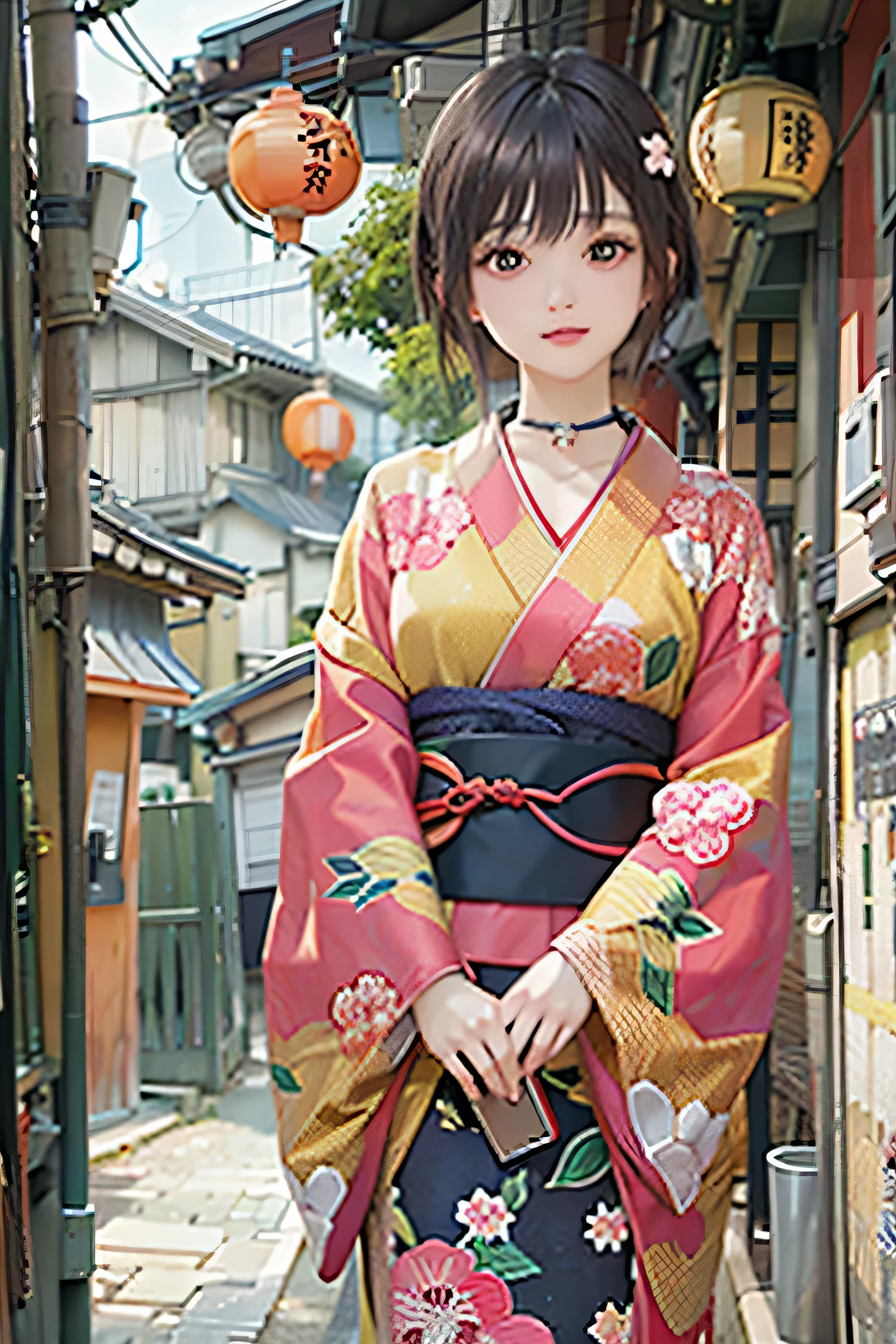 (top-quality,8K picture quality,​masterpiece:1.3,hight resolution,masutepiece:1.2), Front view:0.8, Looking at Viewer, 2 woman, Looking at the camera,((Japanese dress, Kimono:1.4,a choker:1.4),(Short bob hair:1.2,A dark-haired), (Back alley:1.3), Cinematic,(Young gravure idols, Young skinny gravure idol, sophisticated gravure idol),(detailed flawless face),normal hands,Normal finger,Normal legs