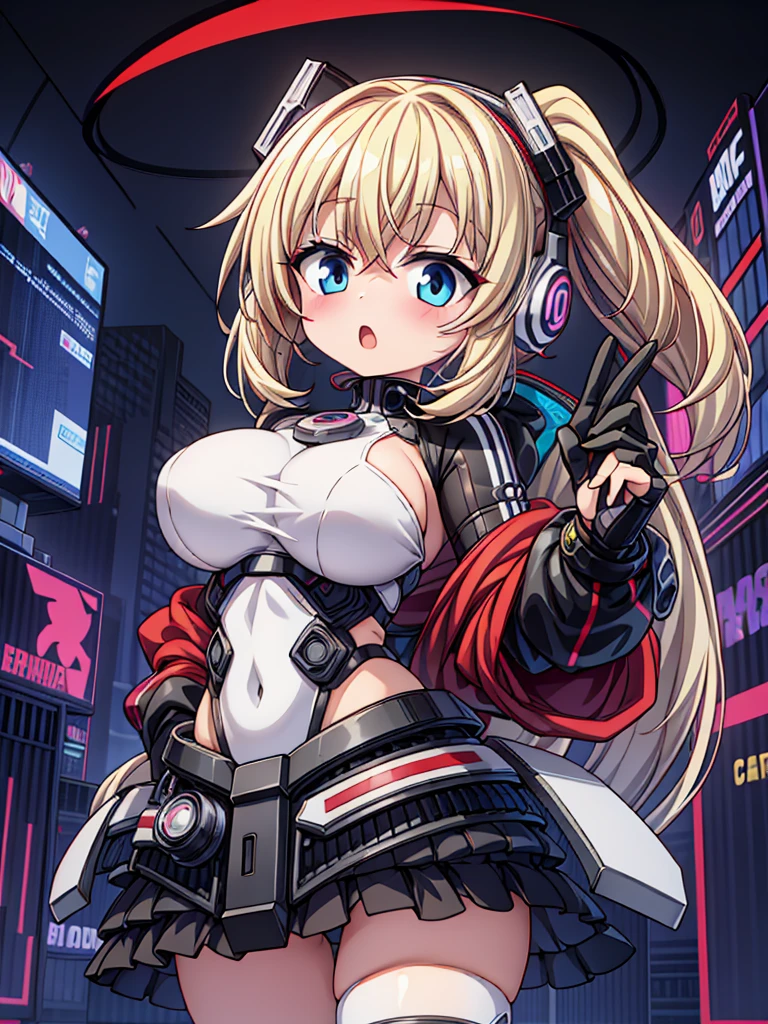 4K,hight resolution,One Woman,White blonde hair,poneyTail,head phone,Colossal ,ninjartist,White Cybersuit,Cyberpunk Handgun,underground city、red blush、Opening Mouth、