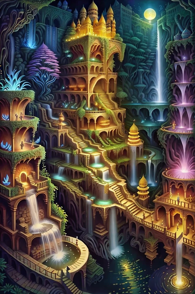 تخيل حدائق بابل المعلقة كمملكة صوفية, مع الشلالات العائمة والنباتات المتوهجة.