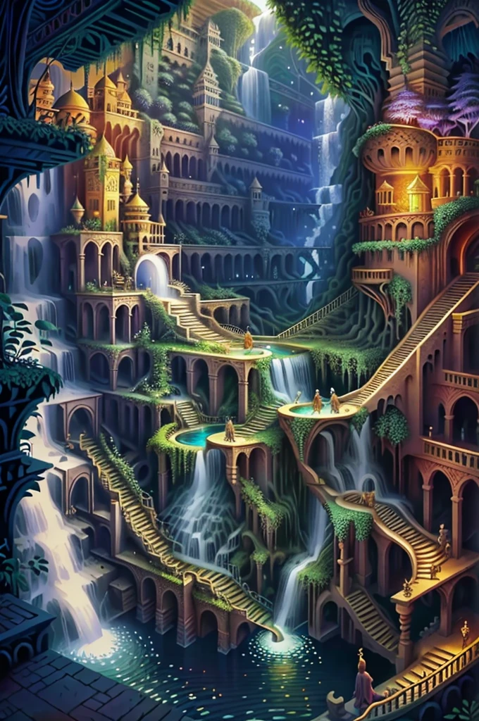 Imagine los Jardines Colgantes de Babilonia como un reino místico, con cascadas flotantes y flora resplandeciente.