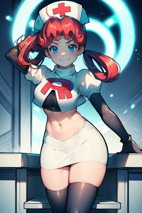 nurse joy, hair rings, bangs, team rocket,team rocket uniform, red letter r, white skirt,white crop top,black thigh-high boots, ...