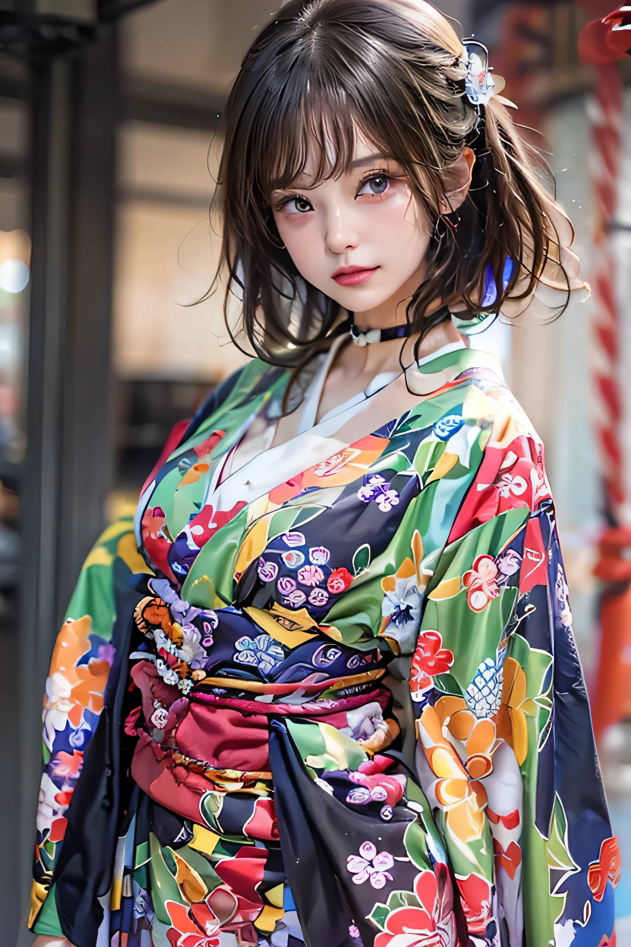 (qualité supérieure,Qualité d&#39;image 8K,chef d&#39;oeuvre:1.3,haute résolution,dessus de la table:1.2), vue de face:0.8, regarder le spectateur, femme de 23 ans, En regardant la caméra,(robe japonaise, kimono:1.4,commun:1.2,avec motif floral, un tour de cou:1.4),(Cheveux courts:1.2,Un brun,de beaux cheveux), (Ruelle:1.3), kimono comes off,cuisse visible,je peux voir des culottes,beau visage,cinématique,(Jeunes idoles de l&#39;héliogravure, Jeune idole maigre de gravure, idole de gravure sophistiquée),(visage impeccable et détaillé),Mains normales,Doigt normal,jambes normales