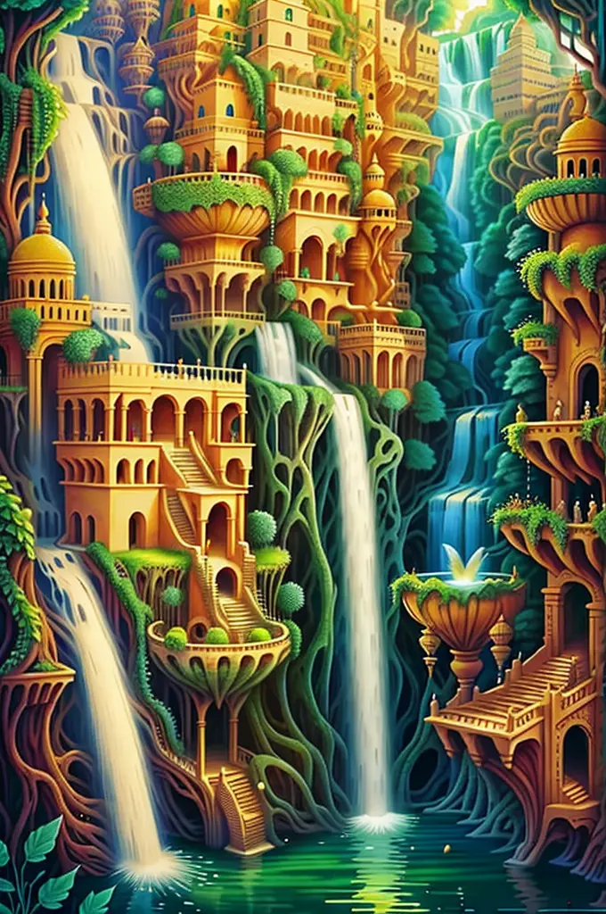 think of the hanging gardens of babylon as a mystical realm, with floating waterfalls and vibrant flora.