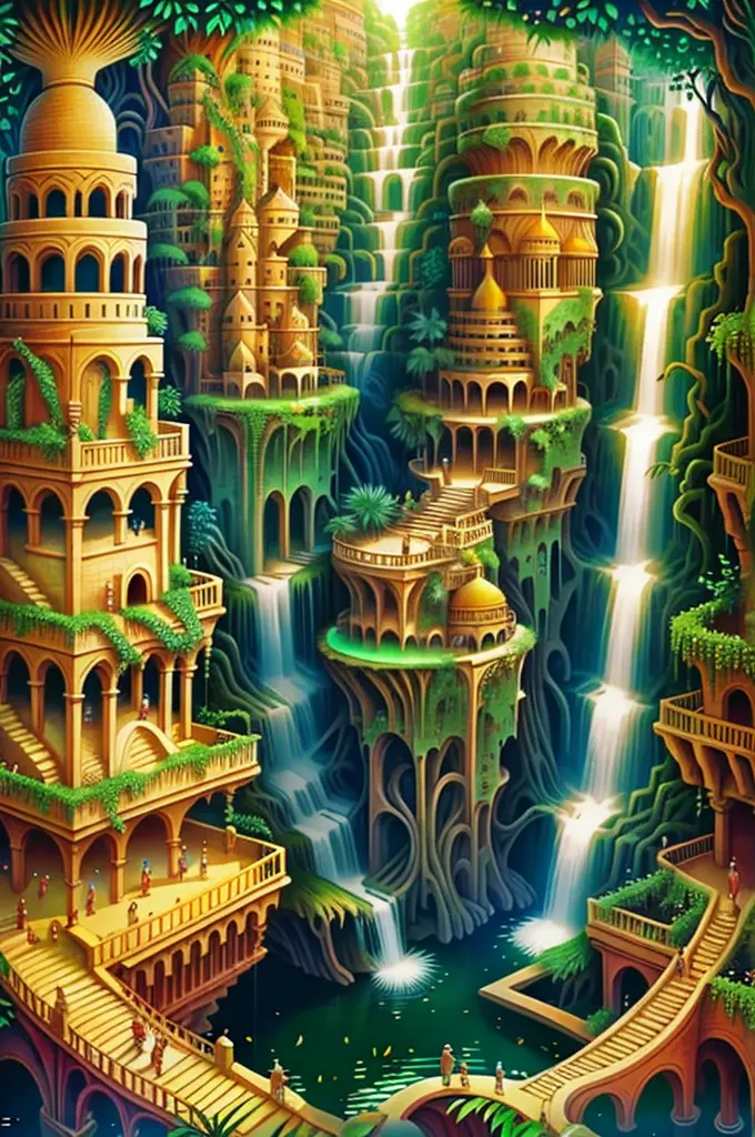 think of the hanging gardens of babylon as a mystical realm, with floating waterfalls and vibrant flora.