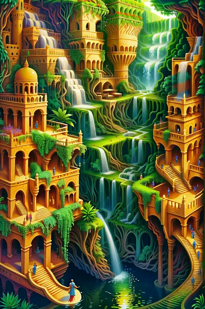 Think of the Hanging Gardens of Babylon as a mystical realm, with floating waterfalls and vibrant flora.