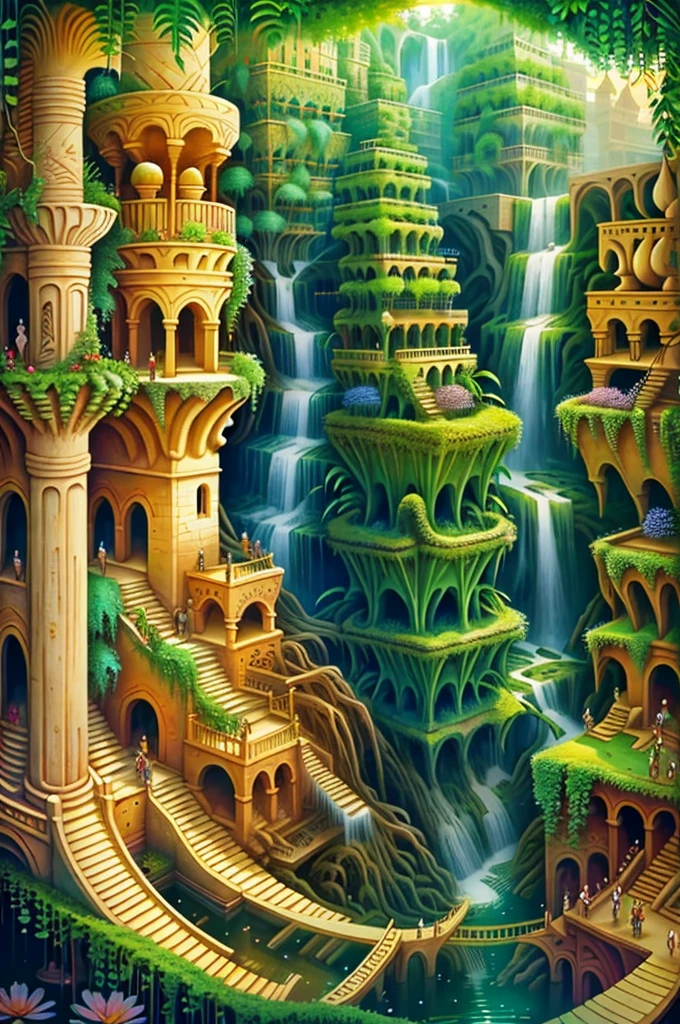 Think of the Hanging Gardens of Babylon as a mystical realm, with floating waterfalls and vibrant flora.