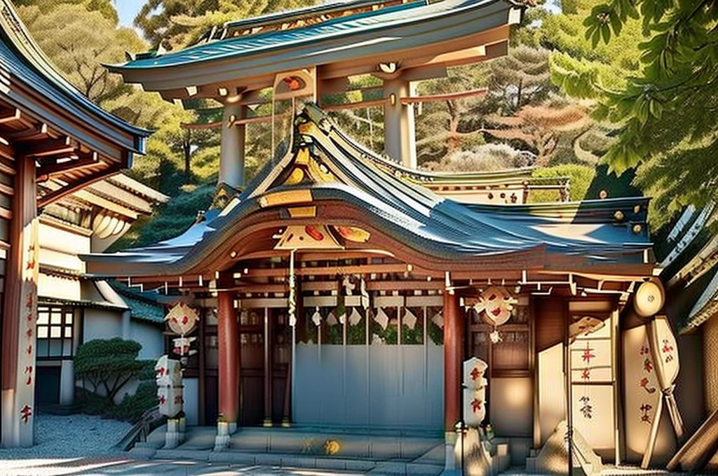 (((New Year's scenery of Japan))), (((SFW))), 8K, ((masutepiece)),(((top-quality))),((Ultra-detailed)),((((Realistic)))), Photorealsitic:1.37, (A hyper-realistic), (illustratio), (hight resolution), (ighly detailed), (The best illustrations), (Ultra-detailed細), (walls), (详细的脸), (Beautiful expression), ((詳細 top-qualityのスキン:1.2)), ((Reddish blush)), (Ultra-detailed細な背景, Detailed background), (Beautiful and aesthetic: 1.2), Extremely detailed, (((Japanese woman wearing a shrine maiden costume:1.5))), ((Affectionate smile)), A bare-skinned woman wearing a shrine maiden costume is standing., (((thin shrine maiden kimono))), ((girl&#39;s Hair: Shrine maiden decoration on roll-up hair)), Kadomatsu City, Komainu, Red torii gate, large company, Customers praying, gorgeous new year decorations, 金箔装飾されたlarge company, At the shrine shining in the morning sun