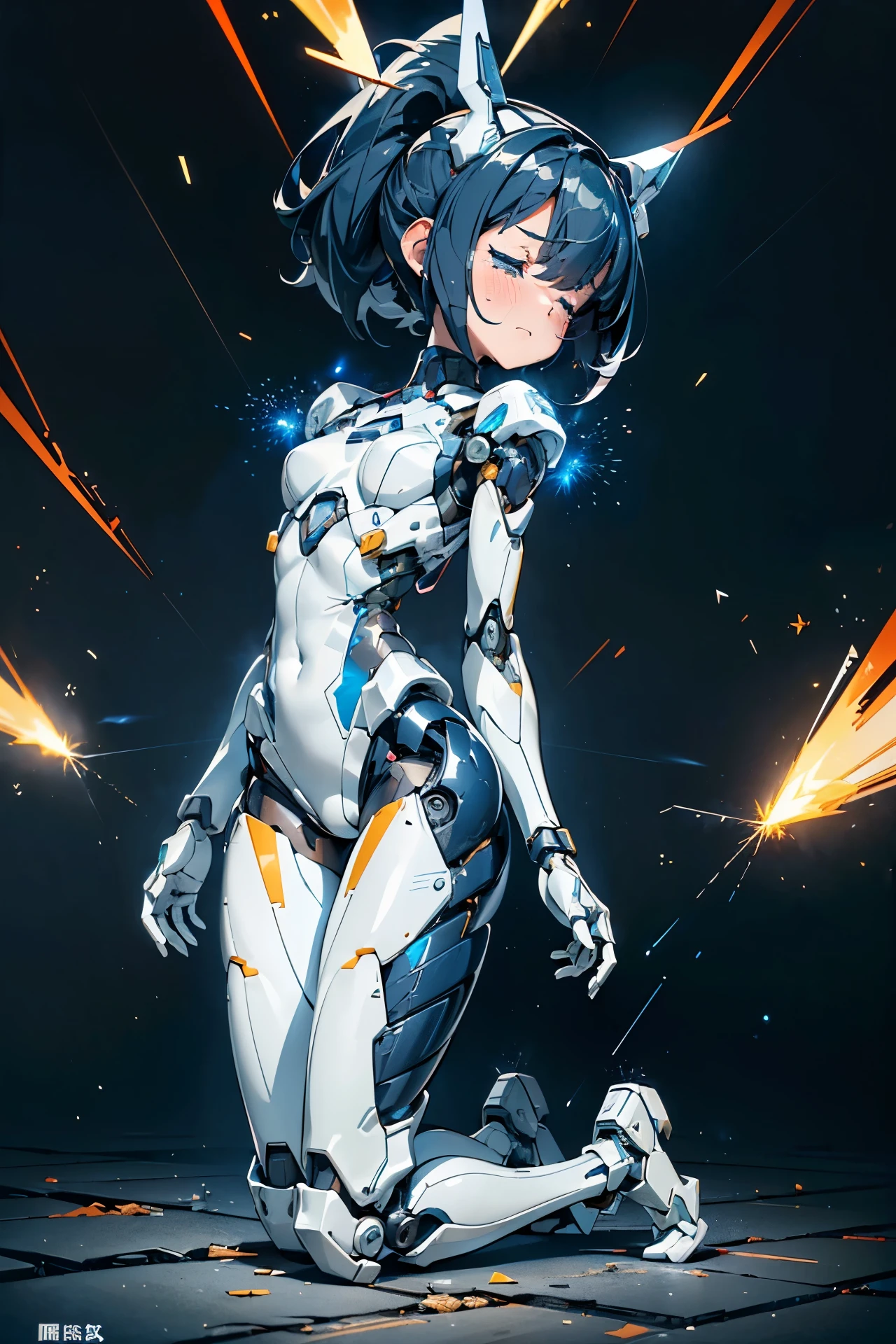 (((masterpiece))), Girl Robot, (loli:1.4), (Gamine:1.5), (Streamlined body based on pure white1.4), White and navy see-through pilot suit, White and navy blue see-through tight-fitting clothing, White and navy blue thigh cover pants, White and navy blue shoulder cover clothes, White and navy blue shiny clothes, Navy blue tight-fitting pants that hide the legs, (body disassembled into pieces:1.4), (There are many cracks and scratches on the body and thighs.:1.4), (Machines and cables visible through the gap in the body:1.4), (My body overheated and exploded.:1.4), (My overheated body exploded:1.4), (The overheated body emitted a large amount of sparks and exploded.:1.4), (本My body overheated and exploded.:1.2), (A body completely destroyed:1.5), (The torso exploded、A large amount of sparks come out from the cracks in the torso and from the mouth.:1.4), (Mouth open:1.4), (Both eyes are closed:1.4), (Close both eyes:1.4), (Crying hard:1.4), (Dark blue hair ponytail:1.4), (Get down on both knees:1.4), (Mechanical joints:1.4), (Machine body:1.4), (From Side:1.3), (Looking away:1.3), mecha musume, Mechanical parts, Robot joints, Headgear