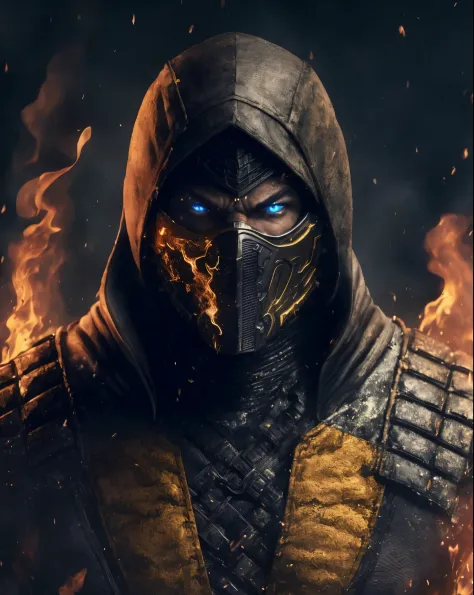 a close up of a person in a fire suit with a hood on, character from mortal kombat, scorpion from mortal kombat, mortal kombat 11, in mortal kombat, hq 4k wallpaper, mk ninja, mortal kombat, 4k post, 4 k post, style of mortal kombat, wallpaper 4 k, wallpap...