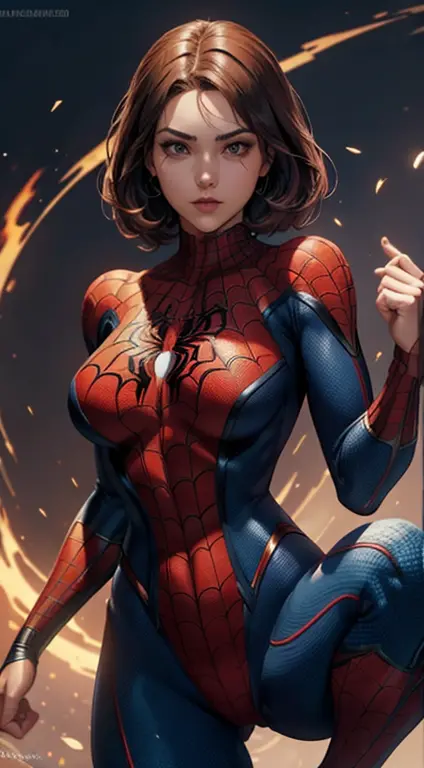 Foto de corpo inteiro, leve sorriso, a superhero dressed as Spider-Man, bswimsuit, no mask on. uma mulher com traje do Homem-Ara...