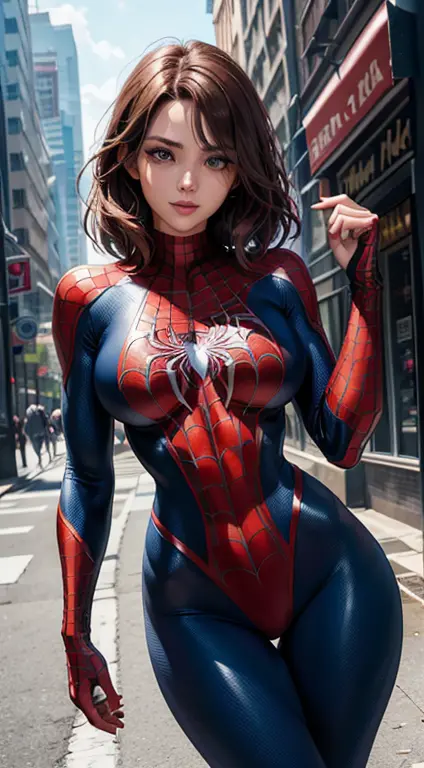 Foto de corpo inteiro, leve sorriso, a superhero dressed as Spider-Man, bswimsuit, no mask on. uma mulher com traje do Homem-Ara...
