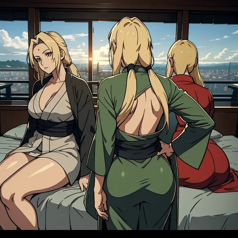 multiple thick body tsunade lying down front side on bed with view of konoha, show 50% back side, raised hips, tsunade robe tsun...