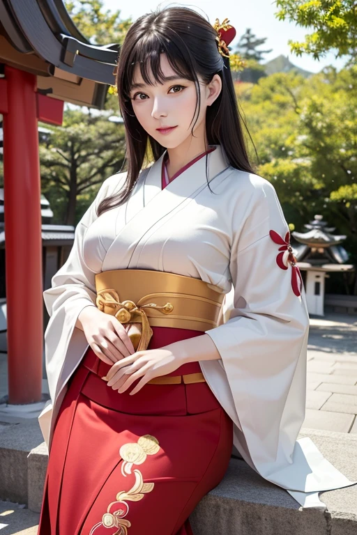 (((New Year's scenery of Japan))), (((SFW))), 8k, ((masutepiece)),(((top-quality))),((Ultra-detailed)),((((Realistic)))), Photorealsitic:1.37, (A hyper-realistic), (illustratio), (hight resolution), (ighly detailed), (The best illustrations), (Ultra-detailed細), (walls), (Detailed face), (Beautiful expression), ((More top-quality skins:1.2)), ((Reddish blush)), (Ultra-detailed background, Detailed background), (Beautiful and aesthetic: 1.2), Extremely detailed, (((Woman in Priestess Outfit:1.5))), ((Affectionate smile)), There is a woman standing with bare skin wearing a shrine maiden costume., (((Thin shrine maiden kimono))), ((Girl&#39;s hair: Shrine maiden decoration on roll-up hair)), Kadomatsu, Komainu, Red tori gates, big company, customers who pray, gorgeous new year decorations, big company decorated with gold leaf, At a shrine that shines in the morning sun