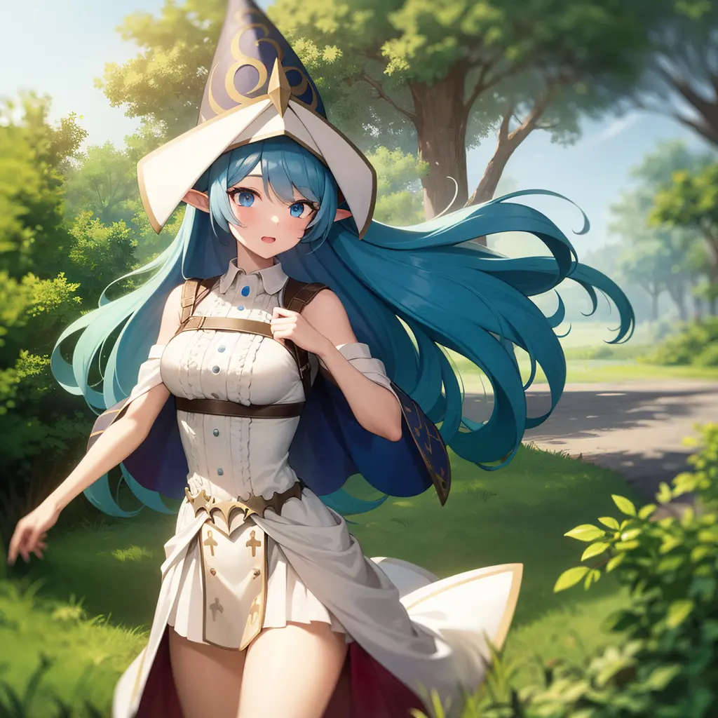 1girl, blue hair, blue eyes, elf ears, wizard hat, white dress, cowboy shot, outdoors, landscape,