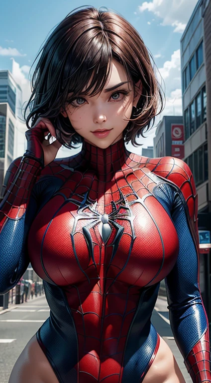 photo by full body, slightly-smile, a superhero dressed as Spider-Man, no mask on. a woman in a swimsuit-like Spider-Man costume, Long red hair, Breasts huge, Athletic body, Vibrant and dynamic style, with solid colors and defined contours. highlighting the heroine. No distortions or imperfections. Centralized composition, focus on the character. 8K resolution, dimensions of 2040x2040 pixels. 
Keep female representation strong and respectful, emphasizing her role as a superhero. Ensure a balanced and coherent aesthetic with the Spider-Man universe.